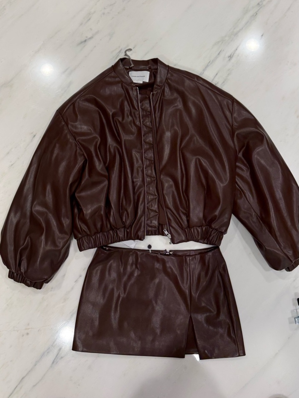 Lovers + Friends Brown Faux Leather brown Jacket & skirt with tags